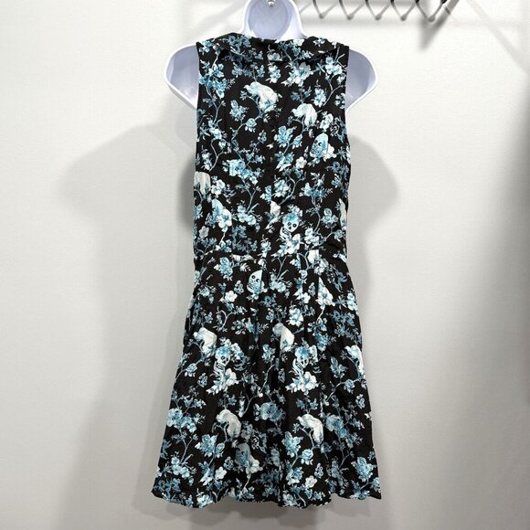 Betsey Johnson Silk Skull Floral Bird Print Dress Black Blue Whimsigoth Y2K SZ 8 - Picture 8 of 12